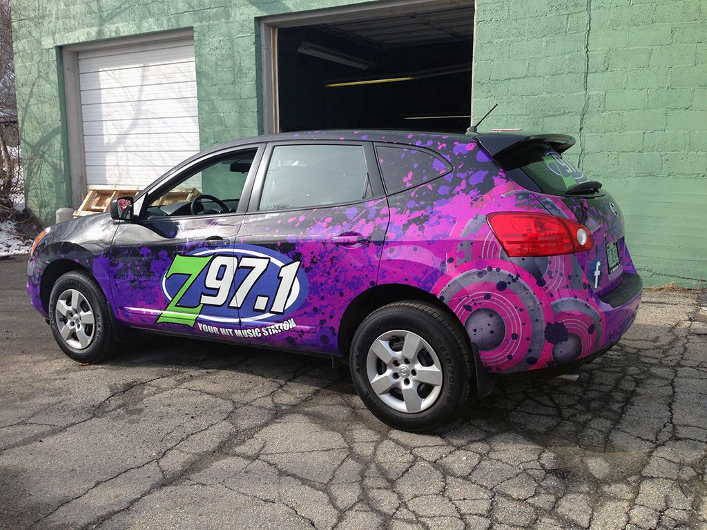 Full Car wrap for z97 of Rutland Vermont designed and installed by Green Screen Graphics