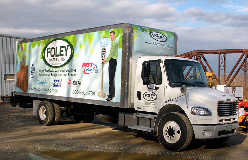 Box truck digitally printed 3M graphics wrap designed printed and installed by Green Screen Graphics of Rutland Vermont